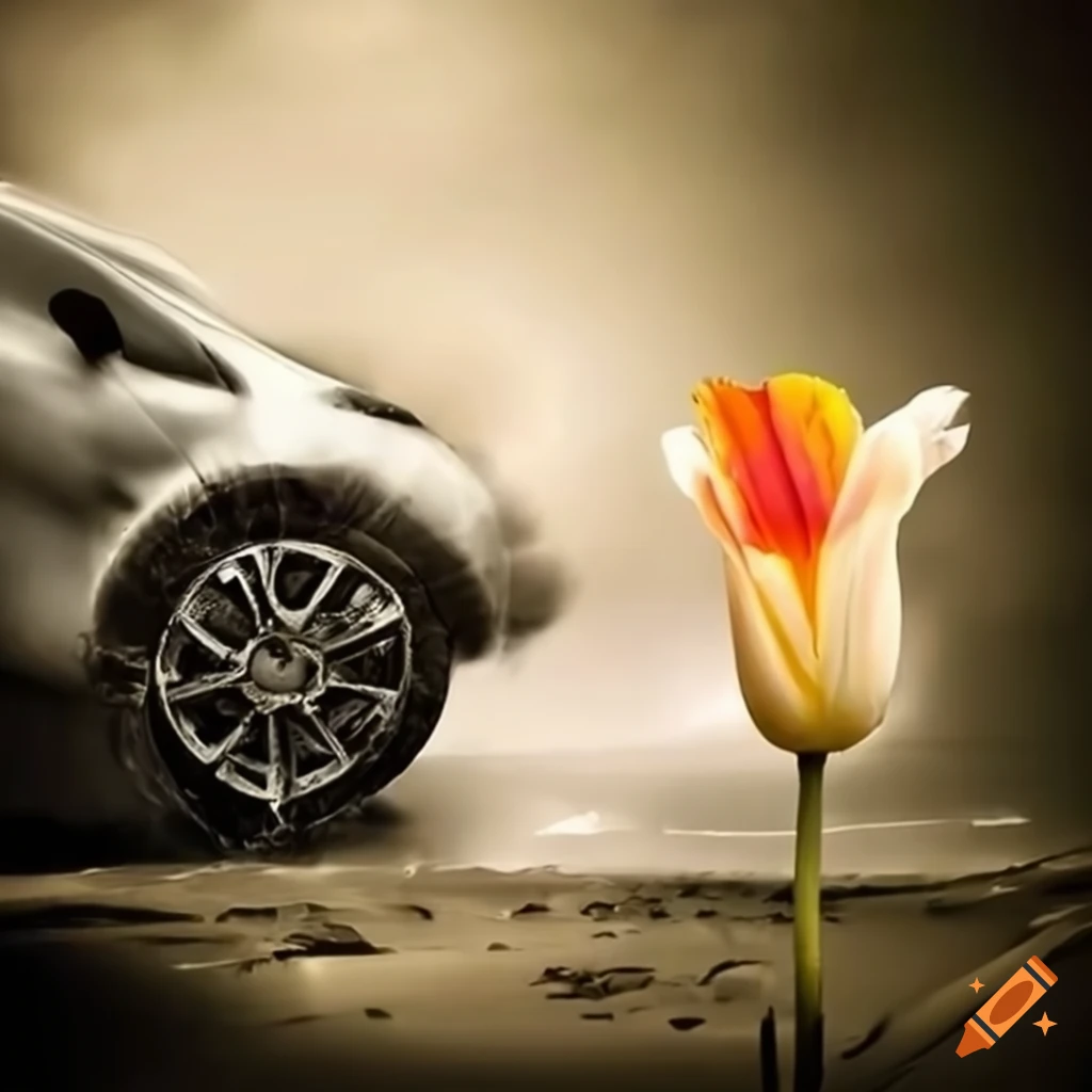 White tulip capturing the dramatic moment of a car crash in emotional artwork