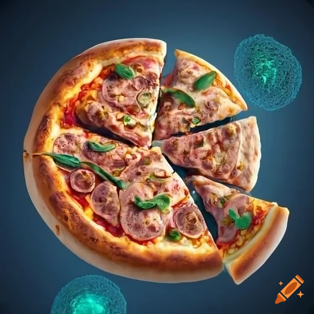 Two bacteria and a piece of pizza on Craiyon