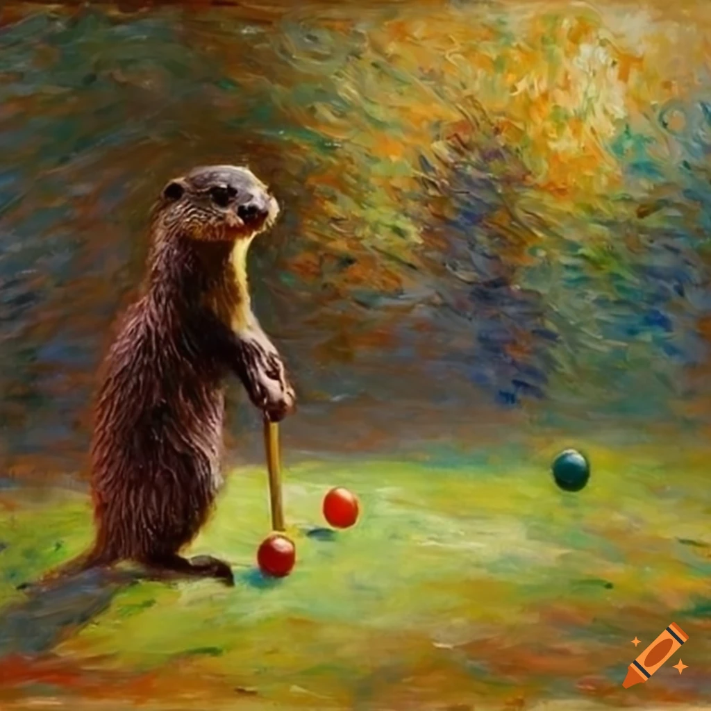 Otters playing croquet in Monet-style oil painting