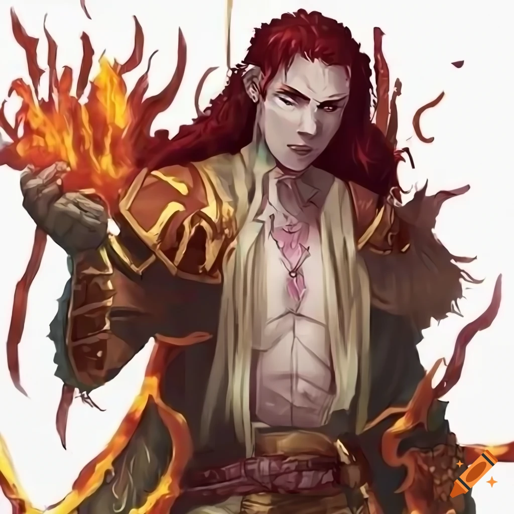 Dnd sorcerer with burning spear in anime art style