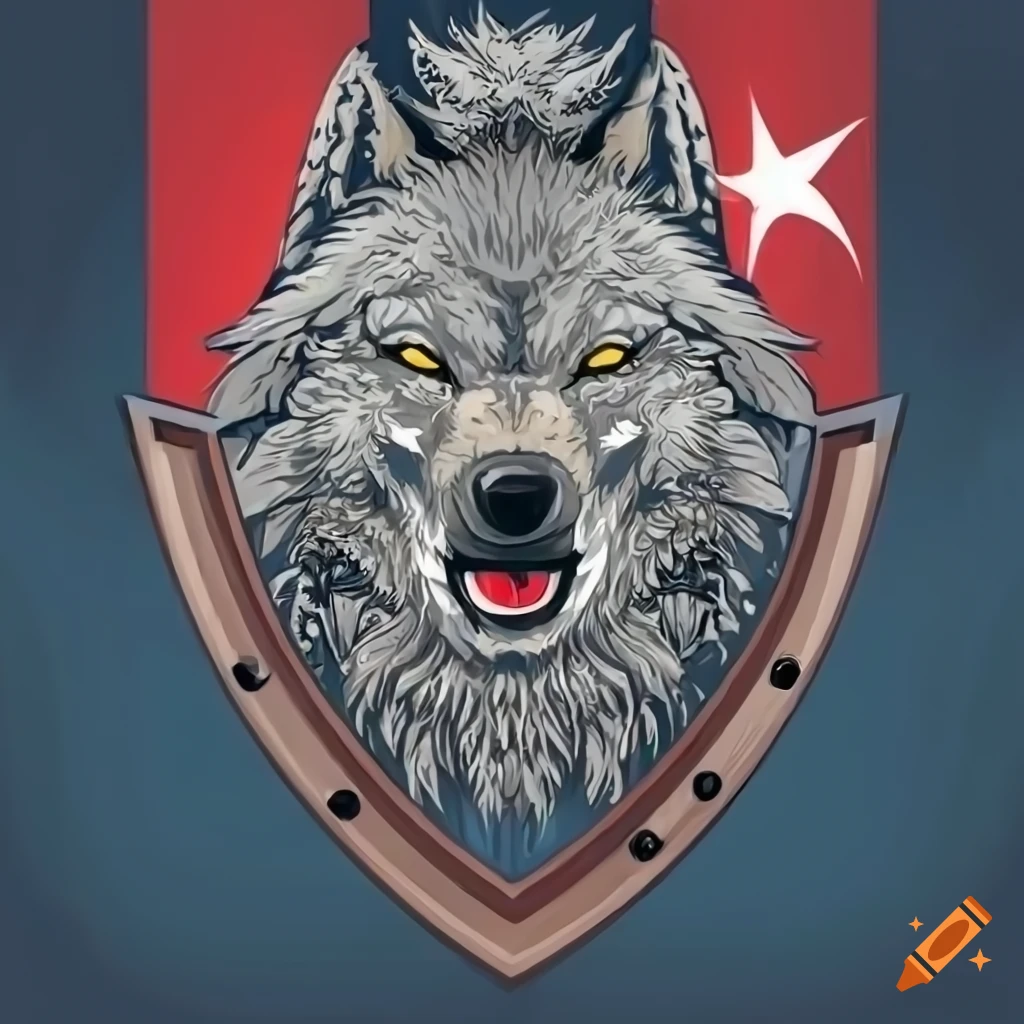 Fierce wolf coat of arms shield with kurt written on top, turkish flag