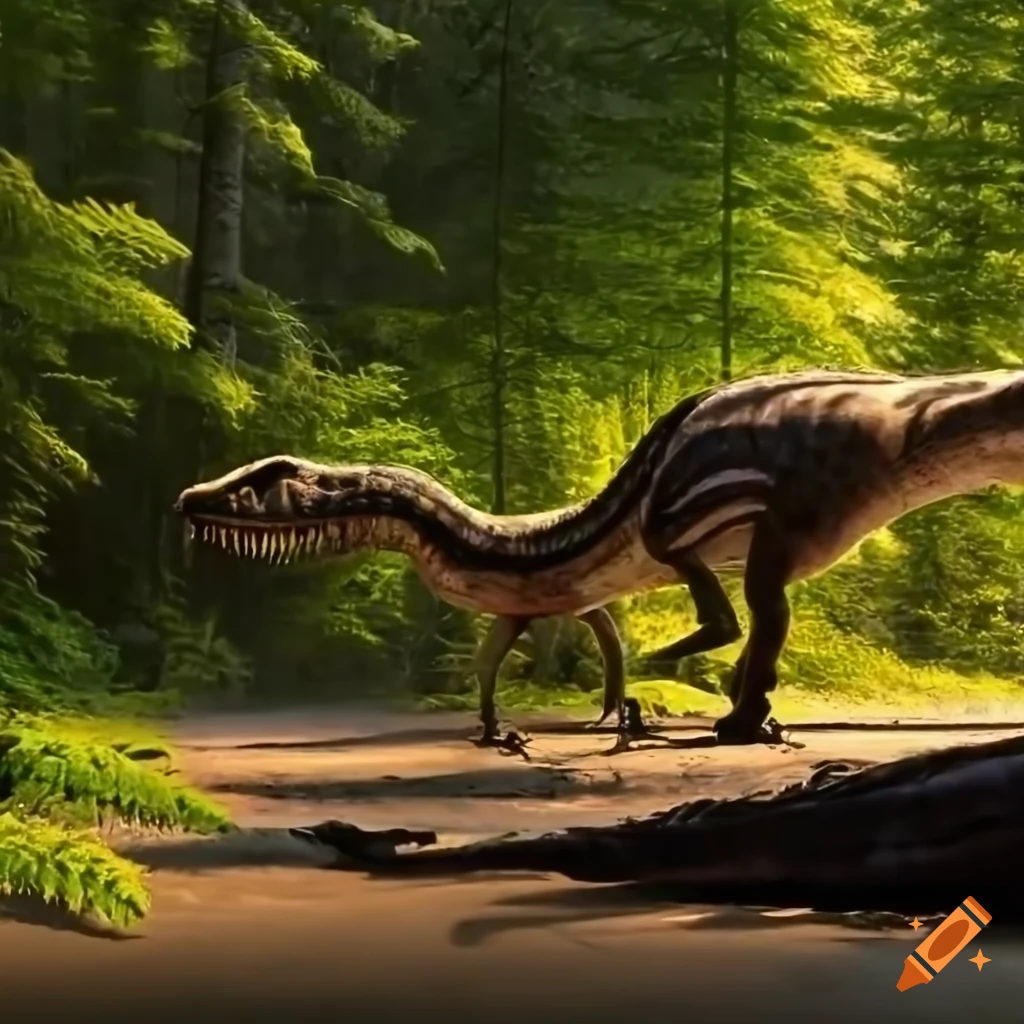 Striped dilophosaurus next to dead prey in a British Columbia landscape