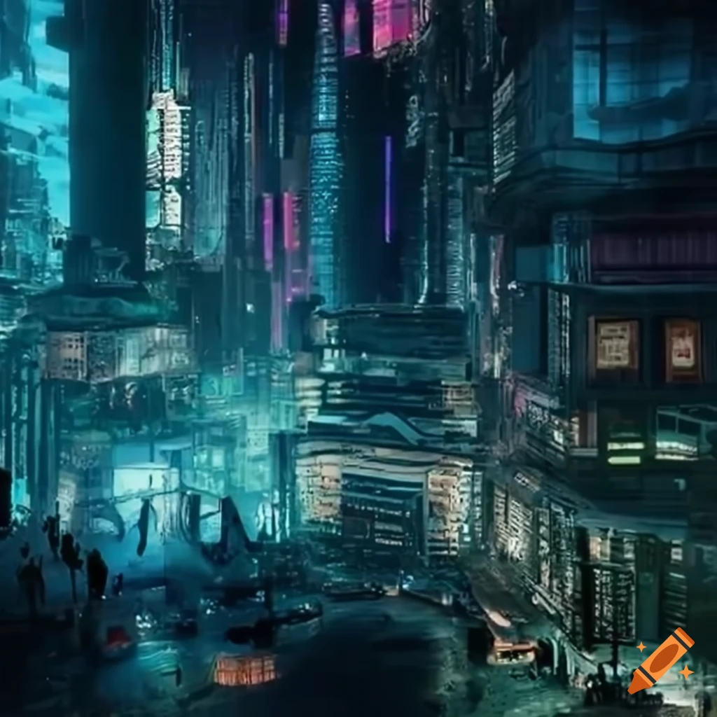 Cyberpunk-inspired cityscape with augmented reality projections and holographic technologies