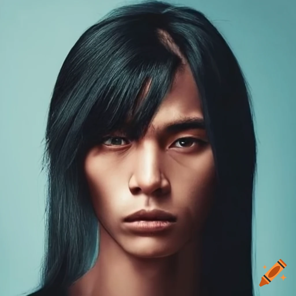 Portrait of a man with indigenous features and long straight black hair ...