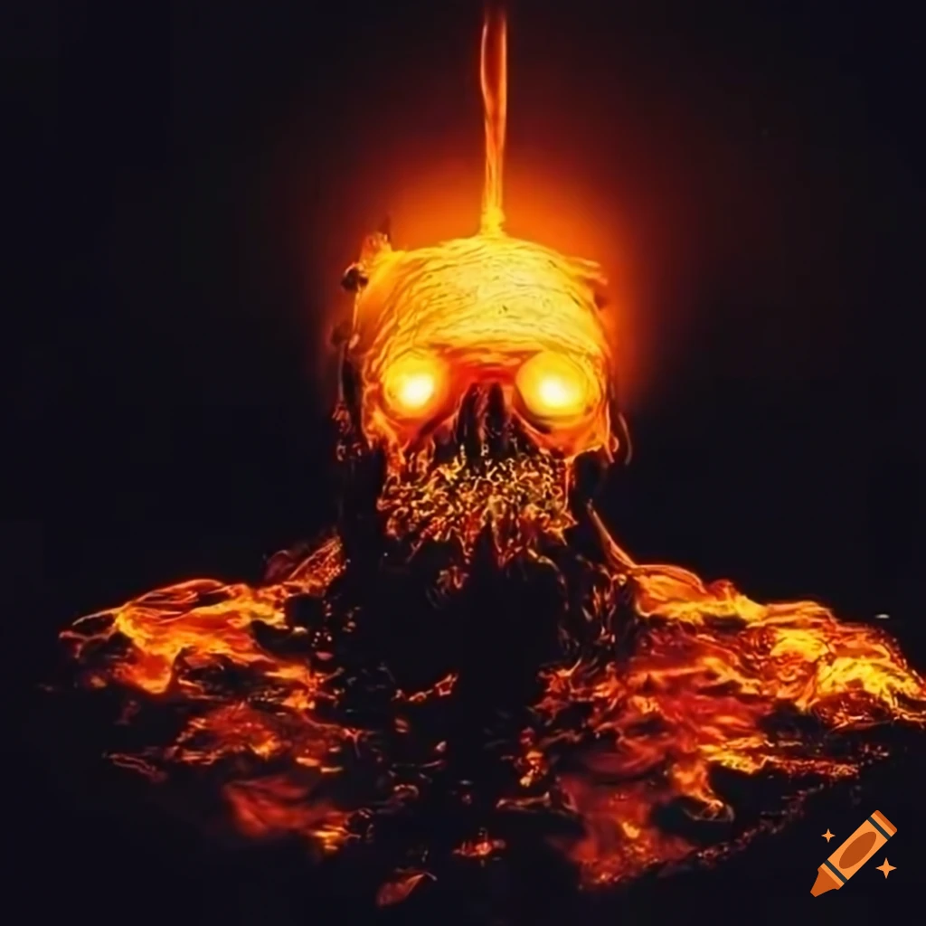 Vic Rattlehead melting in a pool of lava in a distant scene
