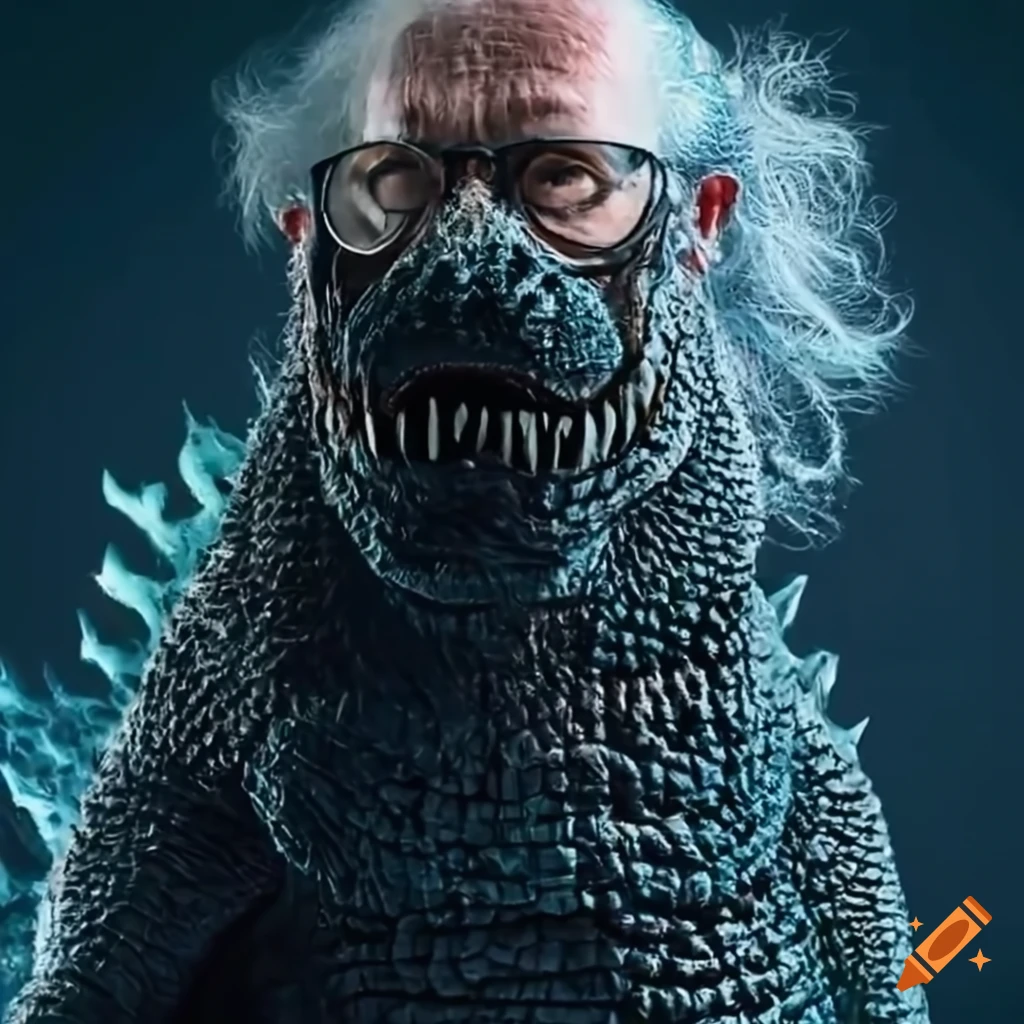 Elderly man skateboarding with Godzilla