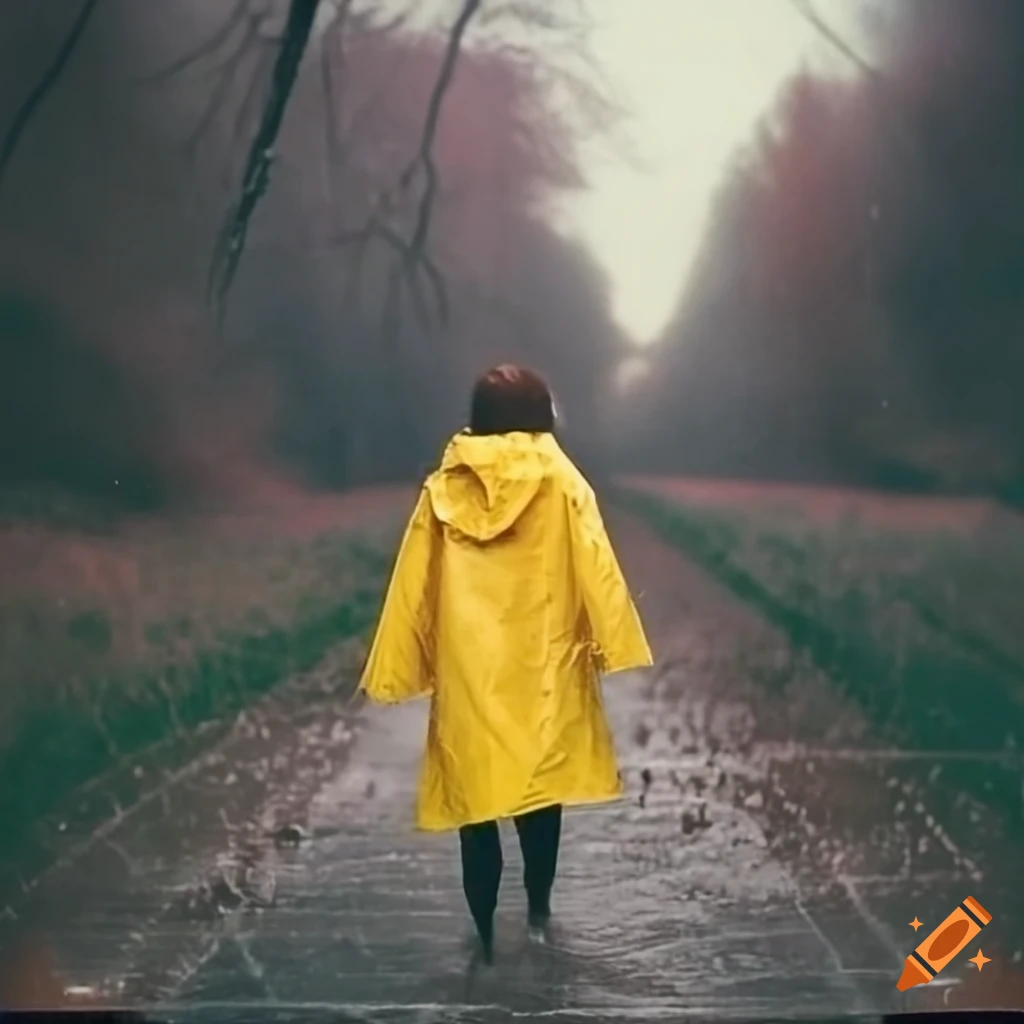 Woman with brown hair in yellow raincoat running in a rainy field on