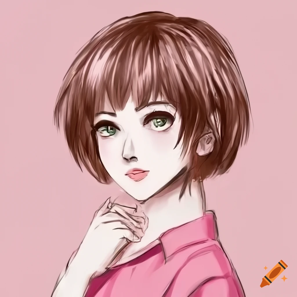 Anime style woman with short brown hair and a pink shirt on Craiyon