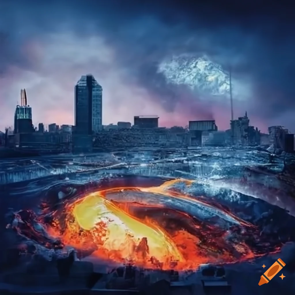 Montreal's olympic stadium filled with lava in a retrofuturistic dystopian scene