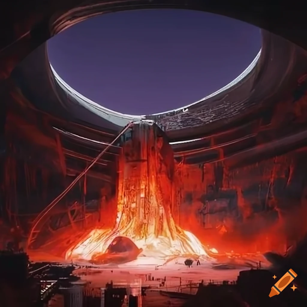 Retrofuturistic dystopian scene of Montreal's olympic stadium filled with lava