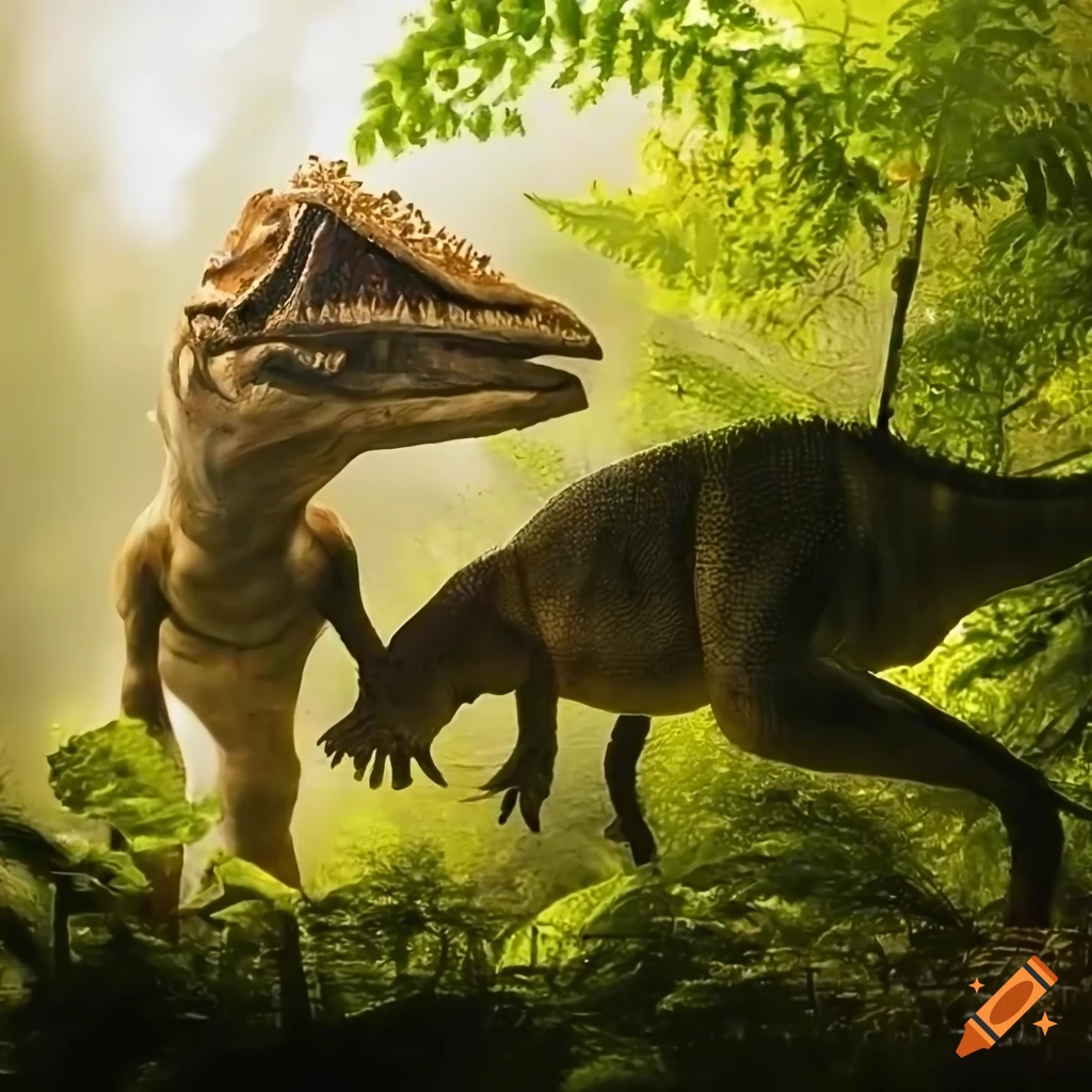 Striped dilophosaurus next to dead prey in a British Columbia landscape