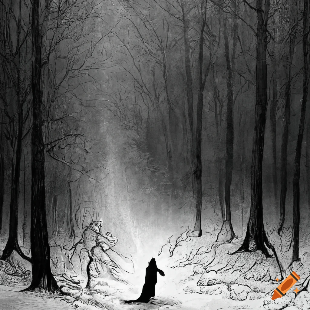 Cloaked shadowy figure in a vast winter forest in black and white on ...