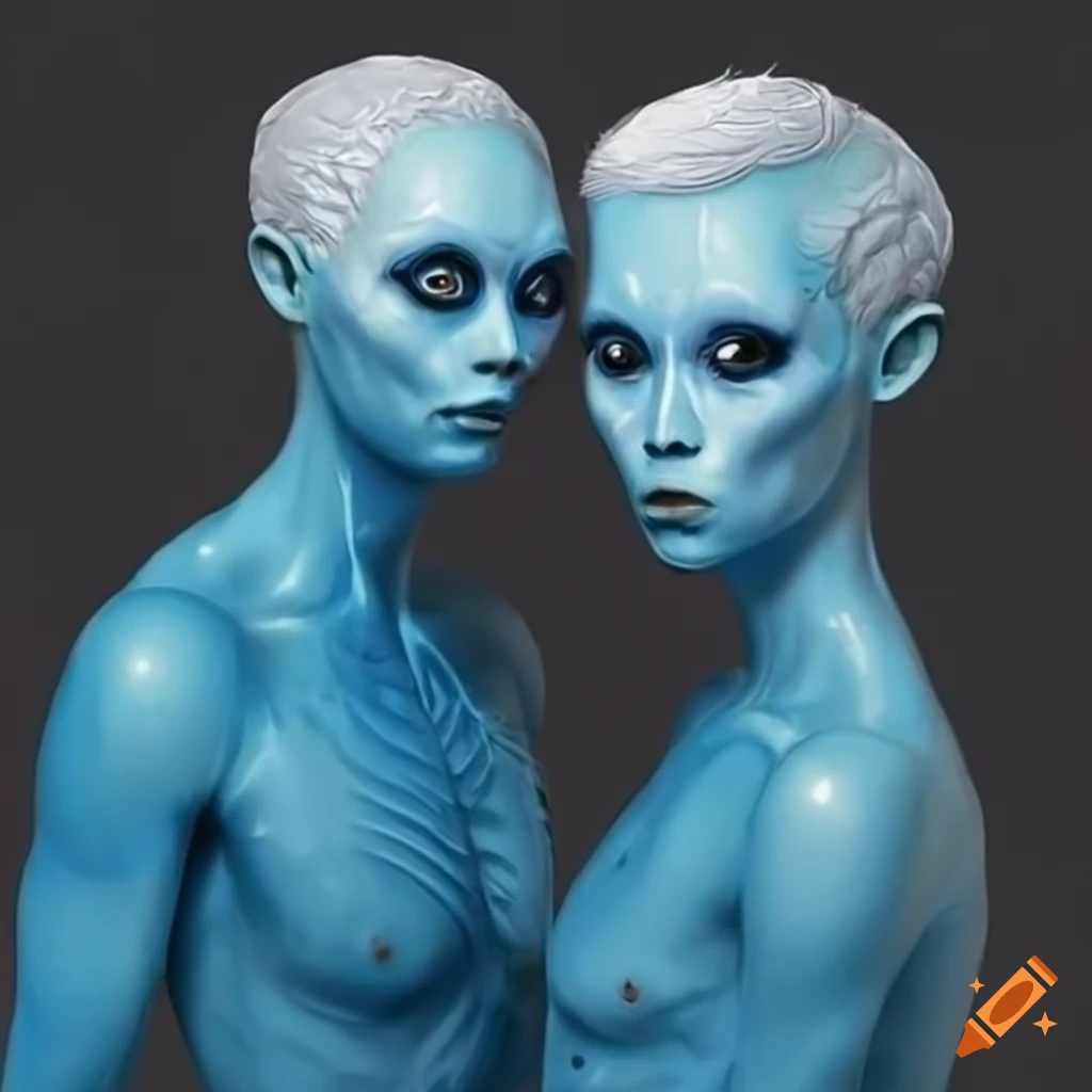 Short wavy white hair blue-skinned humanoid alien couple on Craiyon