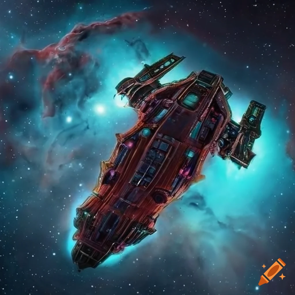 Sci-fi spaceship flying in a dark nebula with bold engineering details