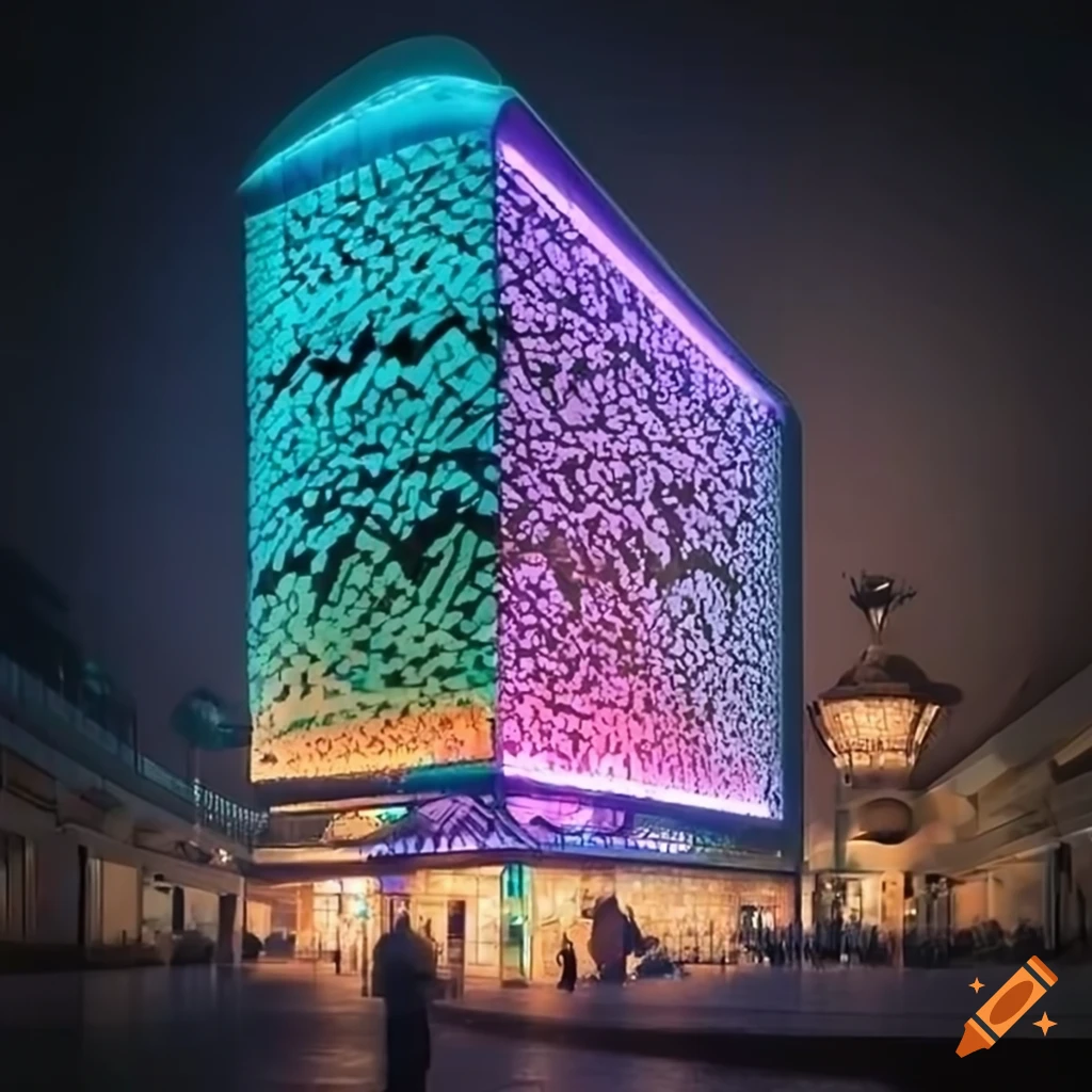 Modern Three story Building With Iranian Texture On Glass Facade At modern-three-story-building-with-iranian-texture-on-glass-facade-at