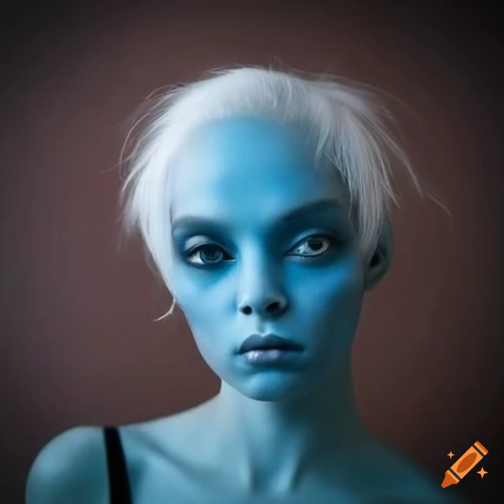 Blue Skinned Humanoid Alien Woman With Pointed Ears And White Wavy Hair On Craiyon 0042