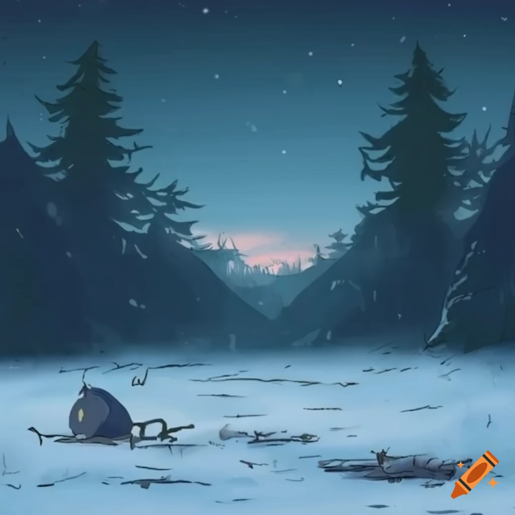 Vast, empty snow field with scattered trees in Studio Ghibli style