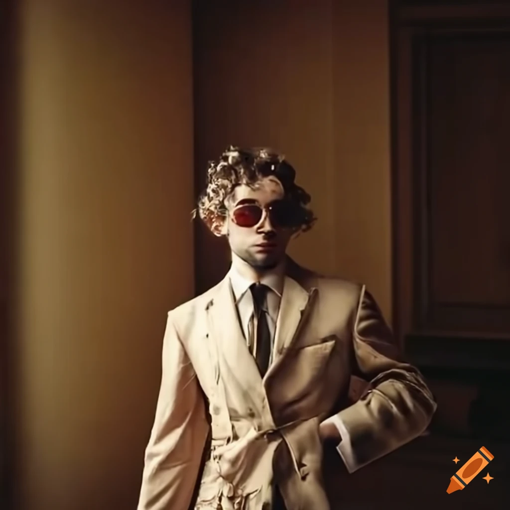 Elegantly dressed person in a sand-beige tuxedo with gold accessories