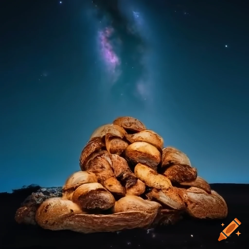 Pile of bread under a vibrant night sky with galaxies and nebulas