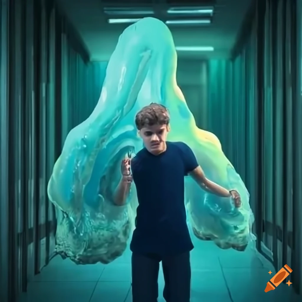 Male college student playing with giant slime monster in the college hallway