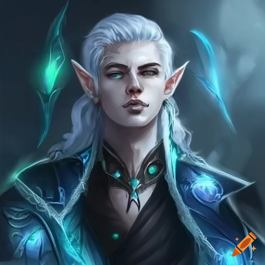 Young and attractive ice magic sorcerer with pale skin and white hair in fantasy art