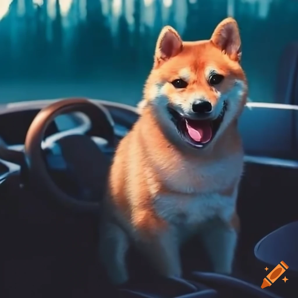 Fluffy shiba inu riding in a car on Craiyon
