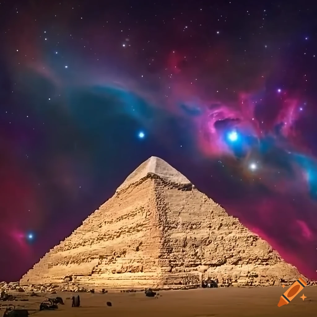 Pyramids of Giza with nebula sky resembling the eye of Horus