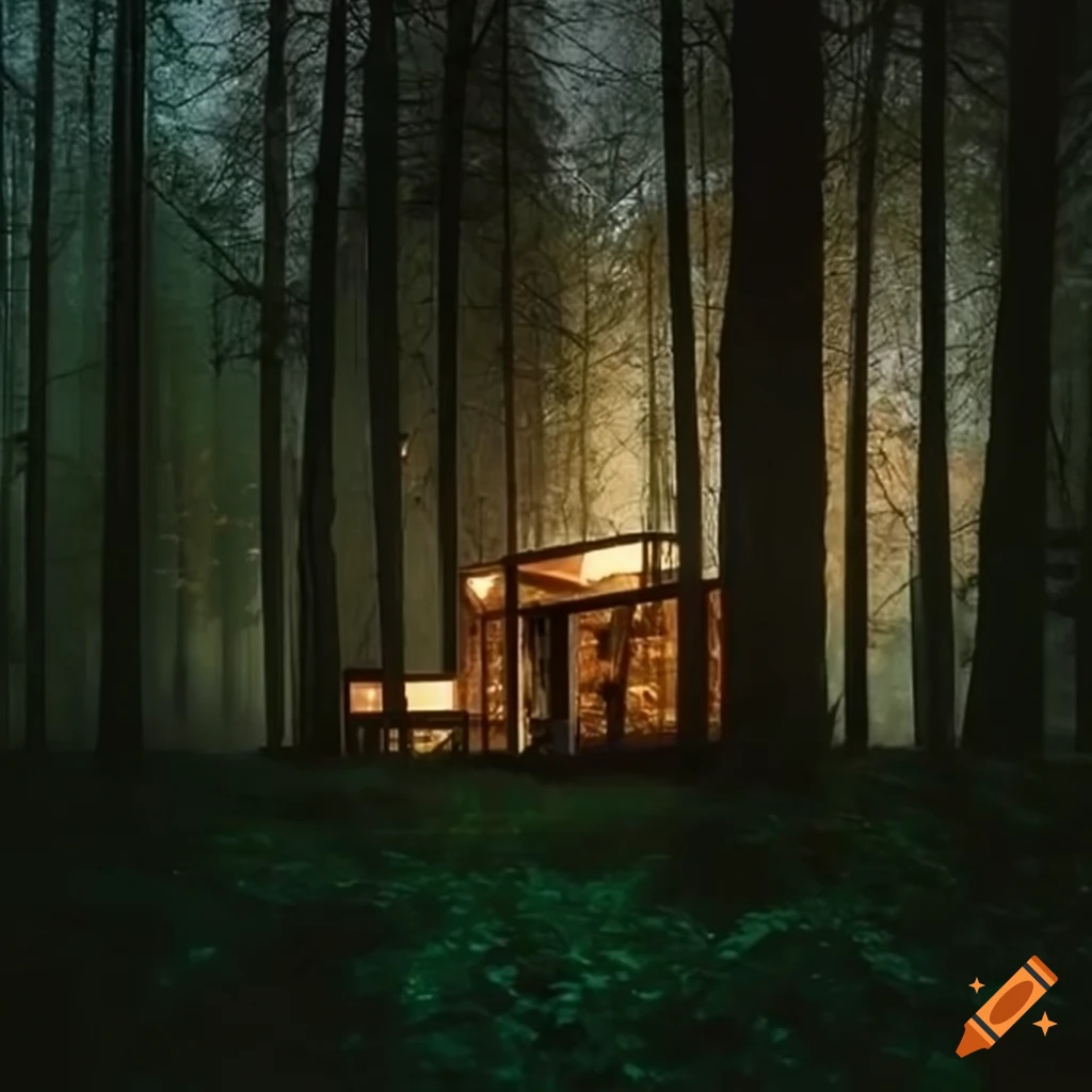 Modern wood elf house in a forest at night on Craiyon