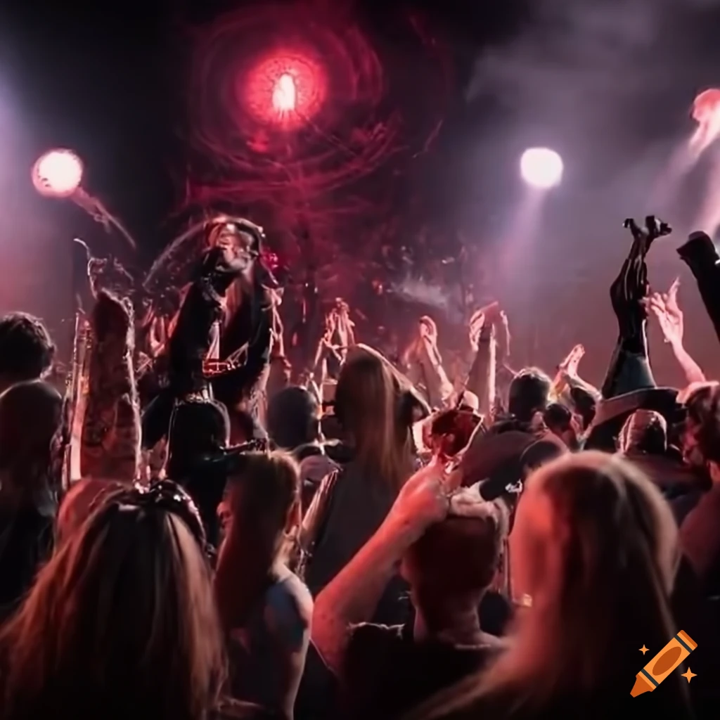 Local metal band performing in front of a crowd with pyrotechnics on