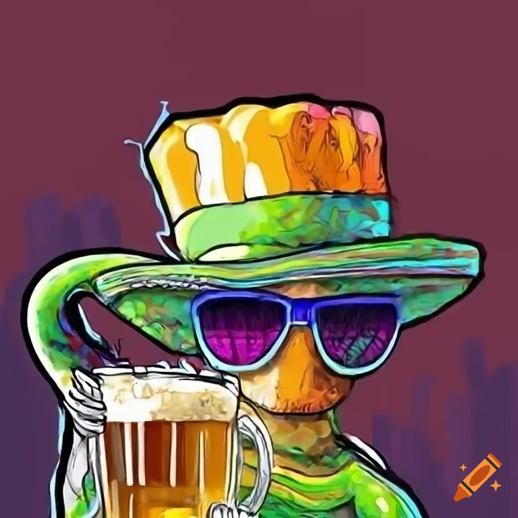 Lizard drinking beer with sunglasses and hat