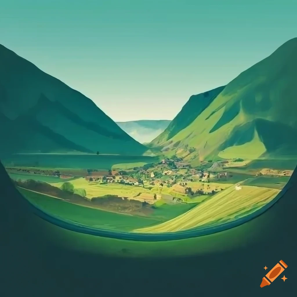 Valley head with a gated wall and a town sprawling up the valley sides