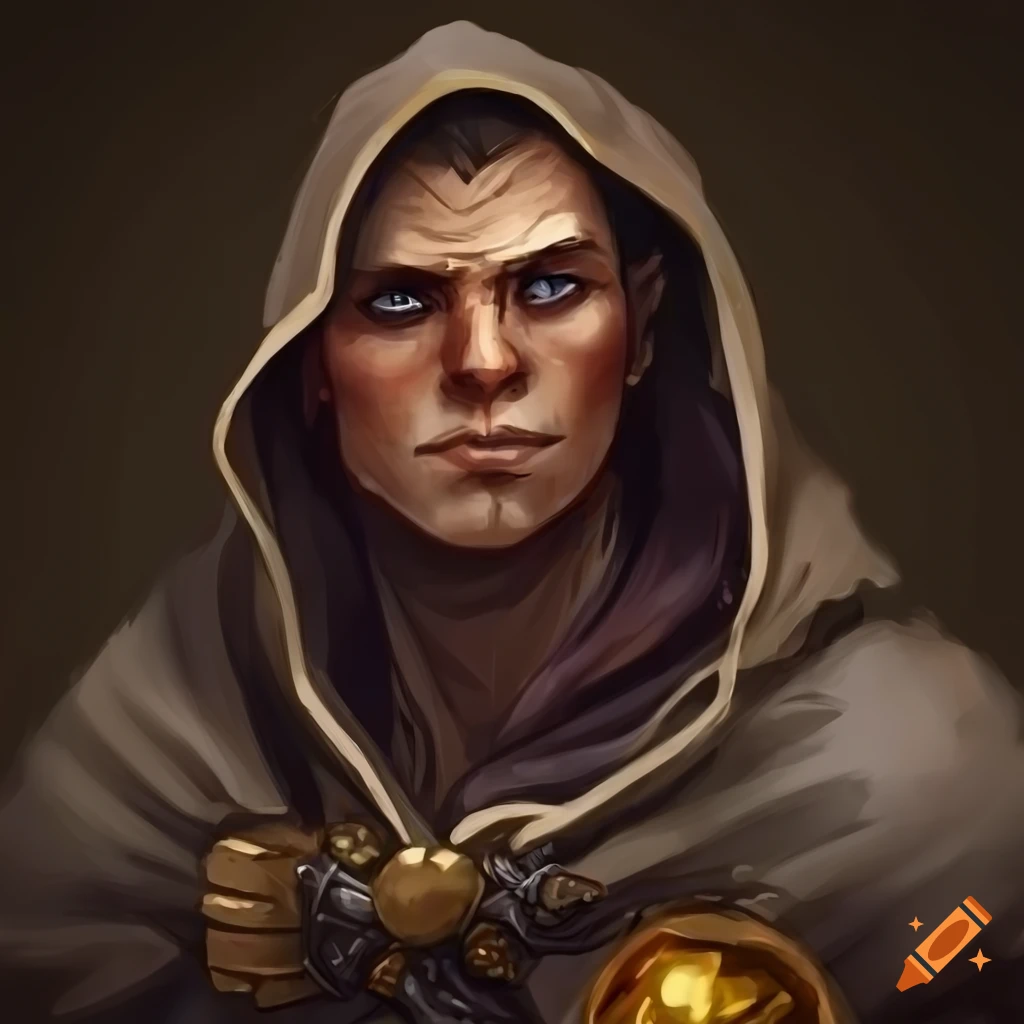 Male dnd rogue with a raven on his shoulder holding a gold orb on Craiyon