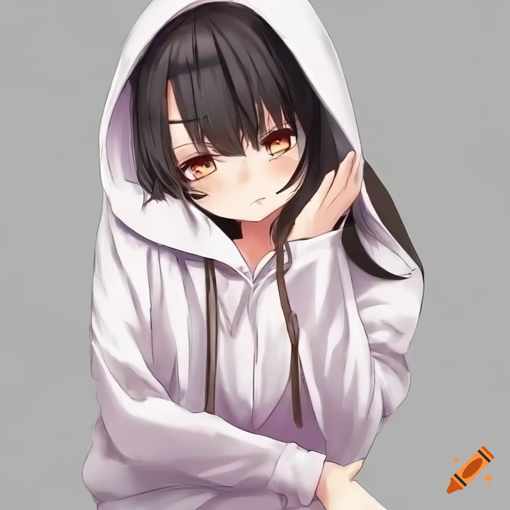 Cute anime girl in a white hoodie with a light smile and black hair on ...