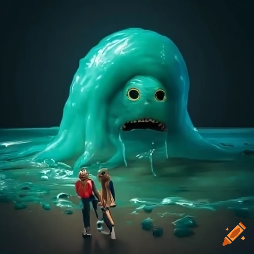Male college student playing with giant slime monster in college hallway