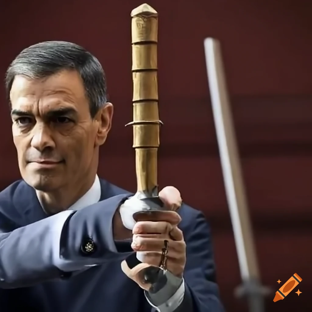 Prime Minister of Spain wielding a wooden sword