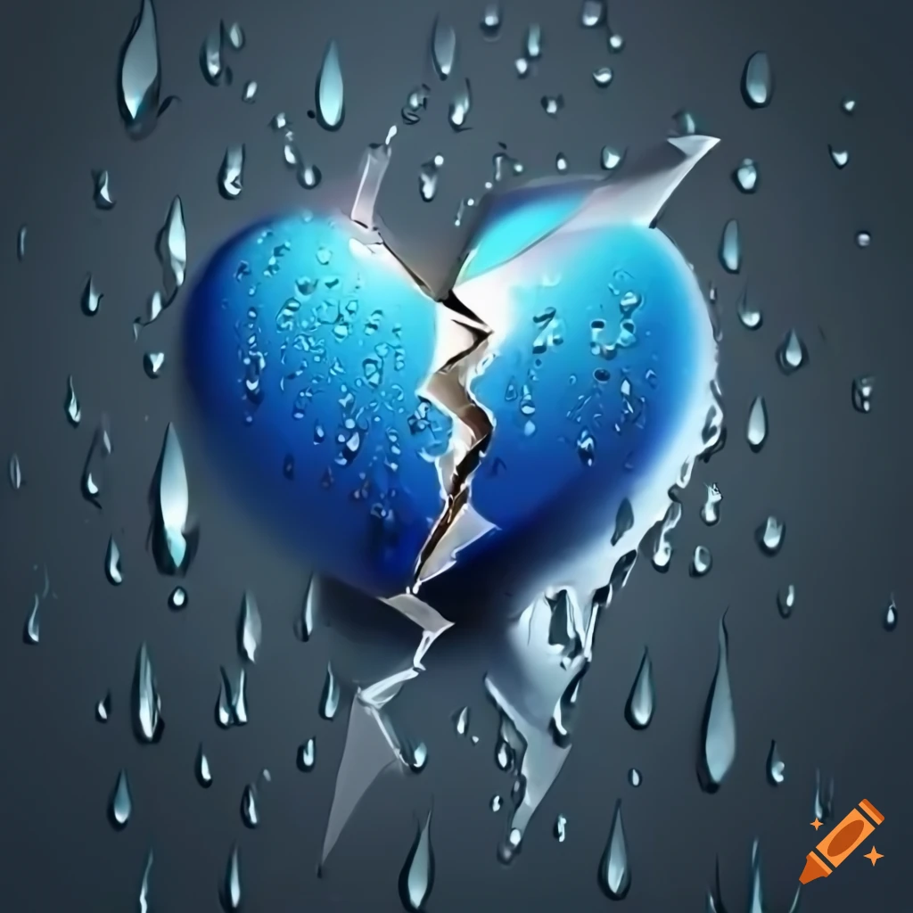 Broken blue heart with a sword and raindrops in the background on Craiyon