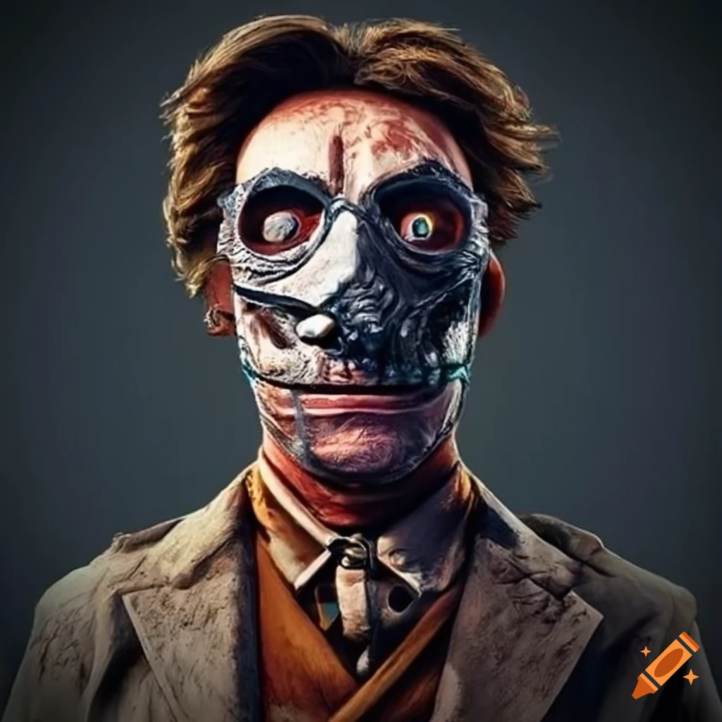 Wild west mad scientist with metal mask covering scarred face