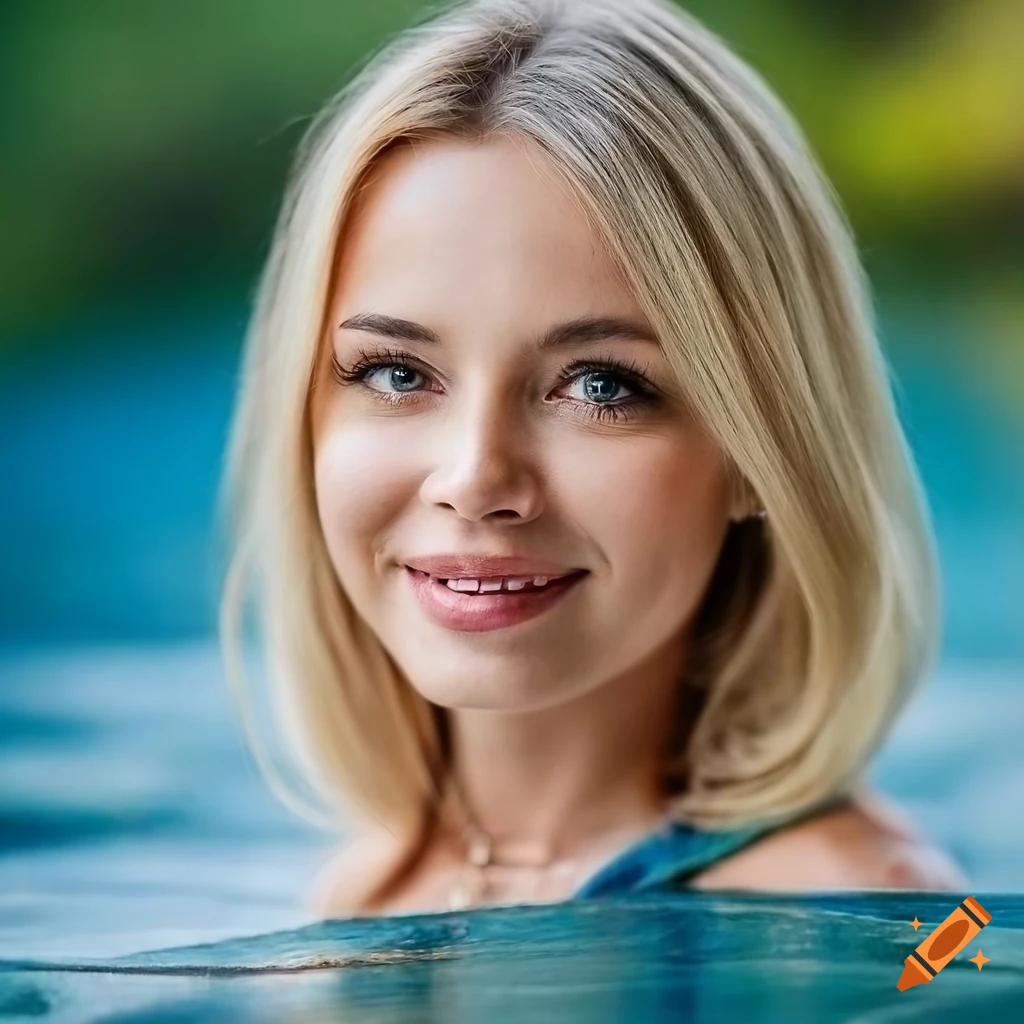 Ukrainian woman lounging by serene blue pool with sparkling water