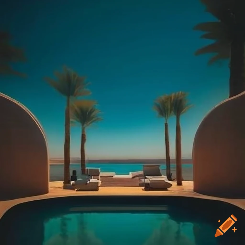 Luxury resting place near a watery oasis with palmtrees in the desert