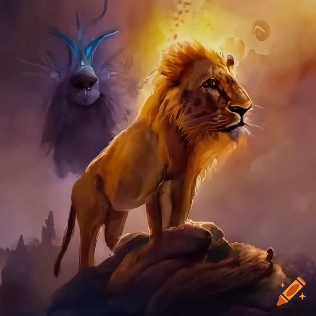Adorable lions in a whimsical wonderland with golden sky and fleecy clouds