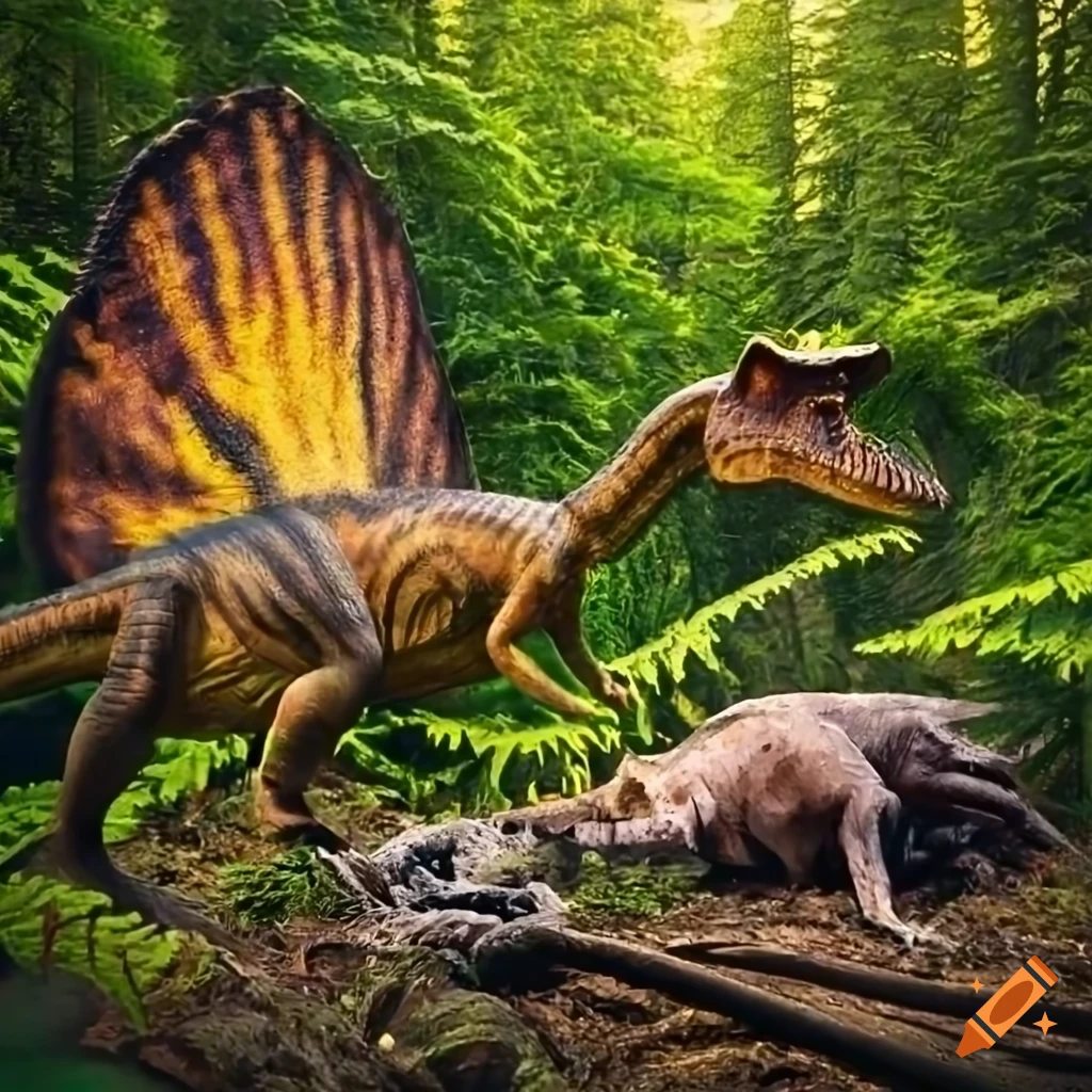 Striped dilophosaurus next to dead prey in a British Columbia landscape