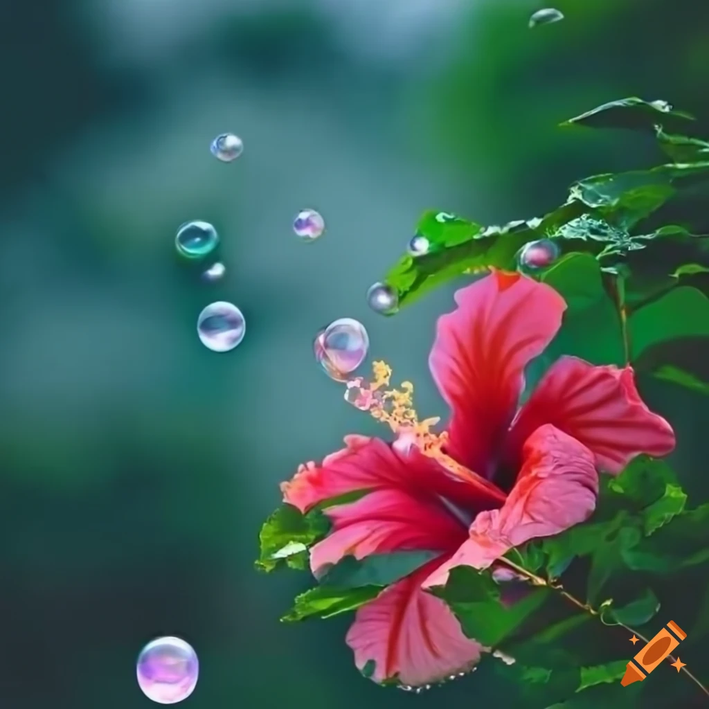 Soap bubbles with hibiscus bush background