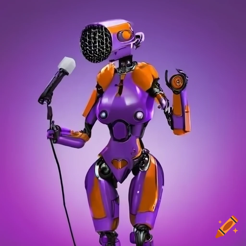 Purple and orange feminine mech robot singing into a microphone in a retrowave style
