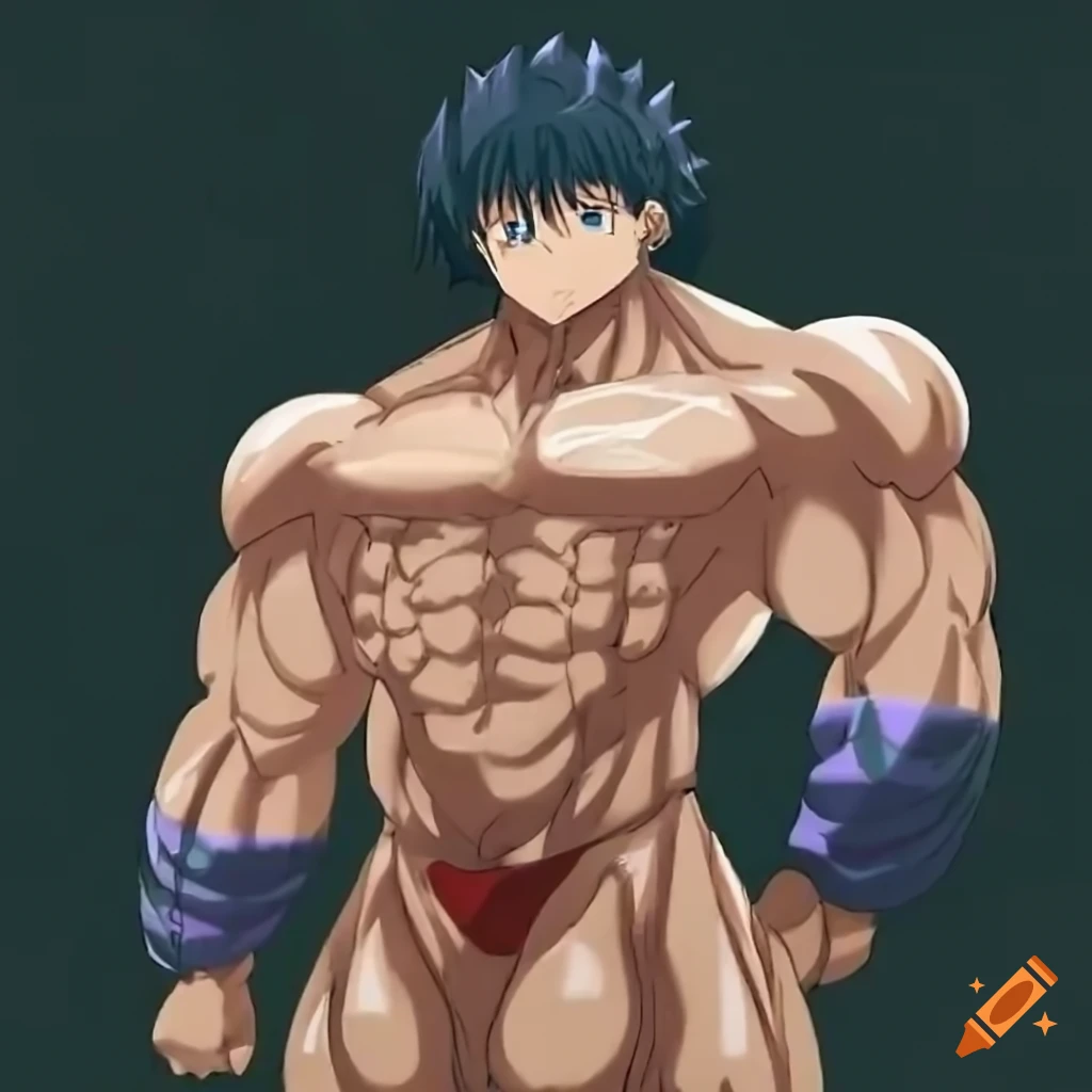 Anime style depiction of a muscular young man with impressive physique