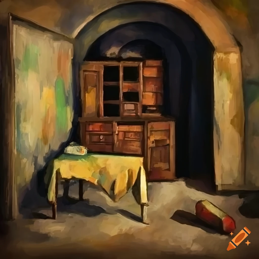 Comfortably furnished underground tunnel with sofa, table, and old cupboard in the style of Cezanne