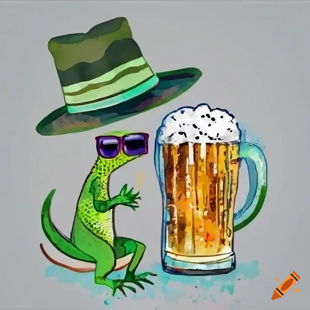 Lizard drinking beer with sunglasses and hat