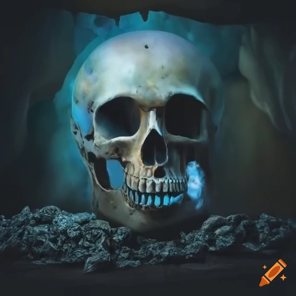Crystal skull in a cave with a pile of stones