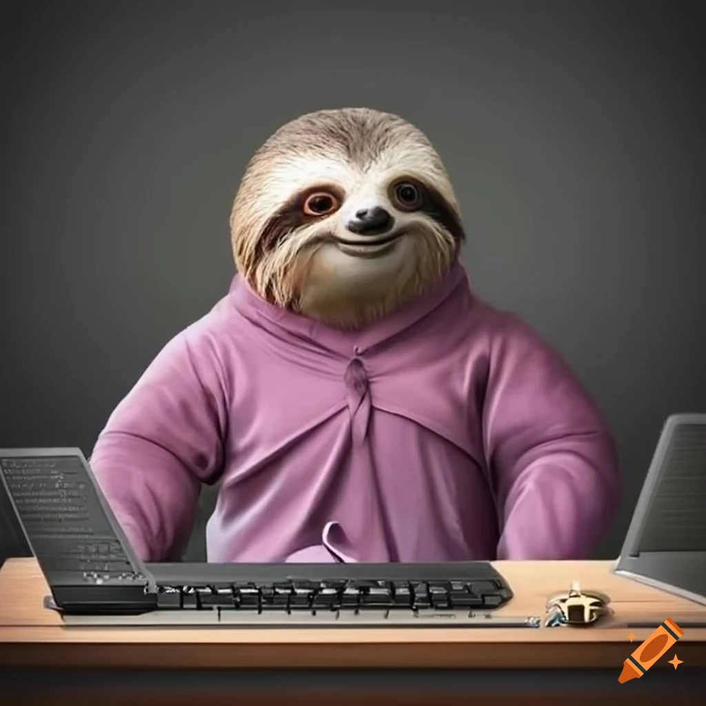 Sloth wearing a shirt with the name "Frank" sitting at a desk with a computer