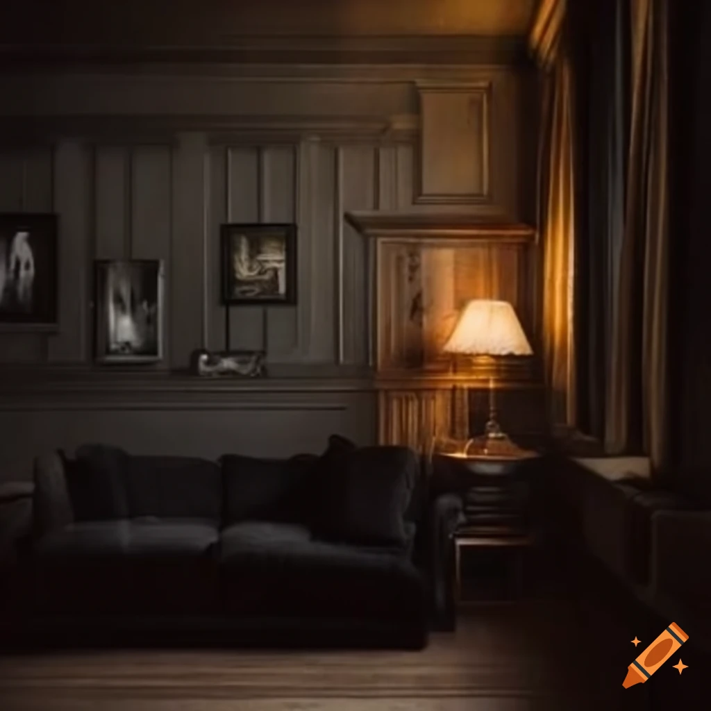 Dark academia living room with tall walls