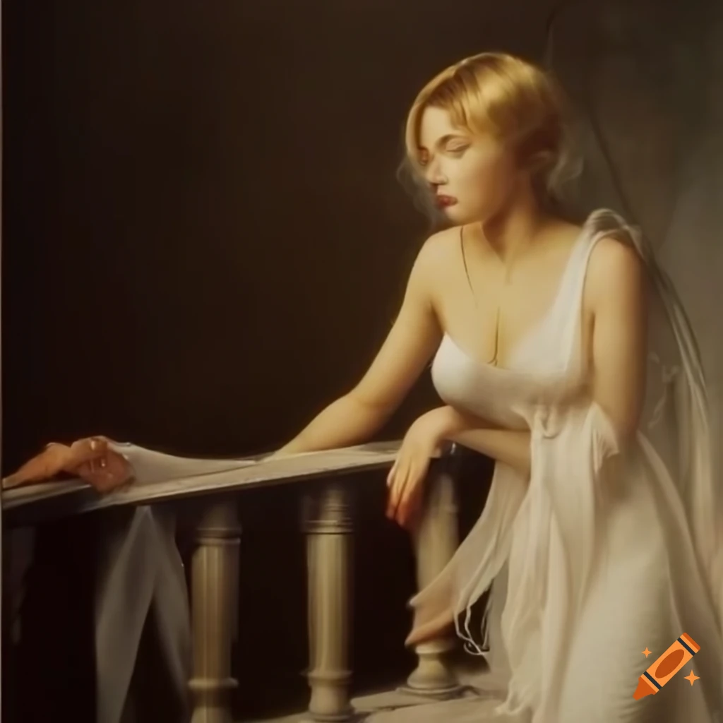 Woman standing on a railing with short hair in an angelic pose